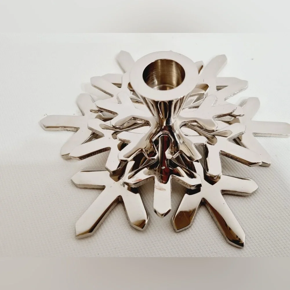 Crate & Barrel Pair of Shiny Snowflake Taper Holders